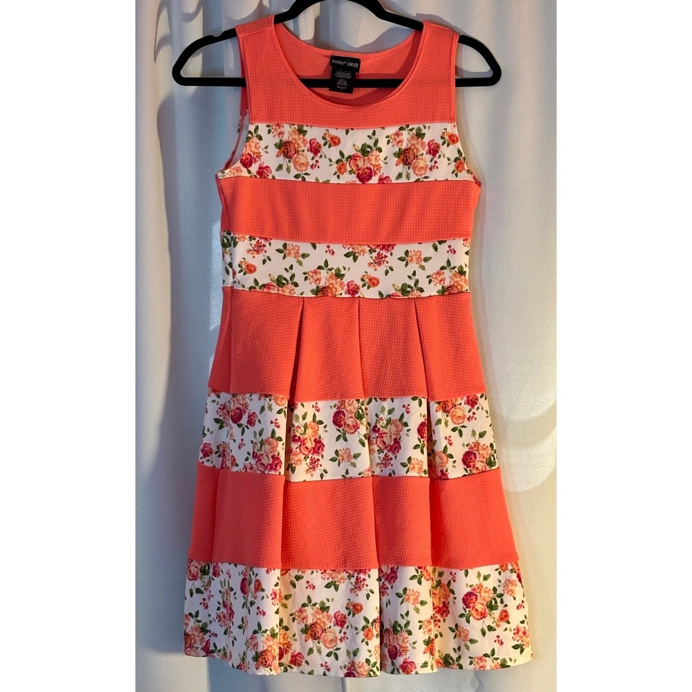 Paper Doll Girls Coral Floral Striped Fit and Flare Dress Size 16 Summer Party
